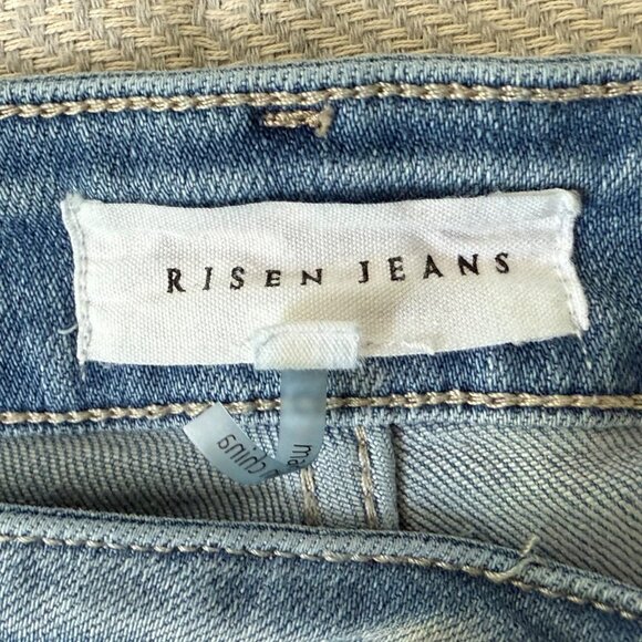 Risen Jeans Womens 1XL Blue Straight Leg Patchwork Light Wash High Rise Stretch - Picture 12 of 13